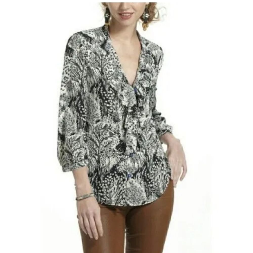 Anthropologie Hd In Paris Blouse Ruffled Scalloped Tree Owl Print Blouse Size 00